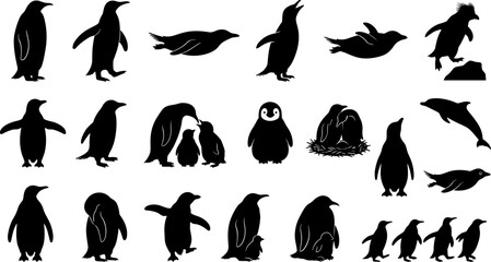 Penguin silhouette icon set featuring emperor penguins, swimming birds, family nesting, and arctic wildlife elements isolated on white background © fulbabu