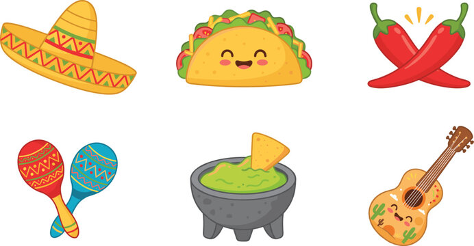 Mexican food and culture sticker set with cute cartoon taco guitar avocado guacamole sombrero maracas chili pepper icons cincho de mayo vector elements