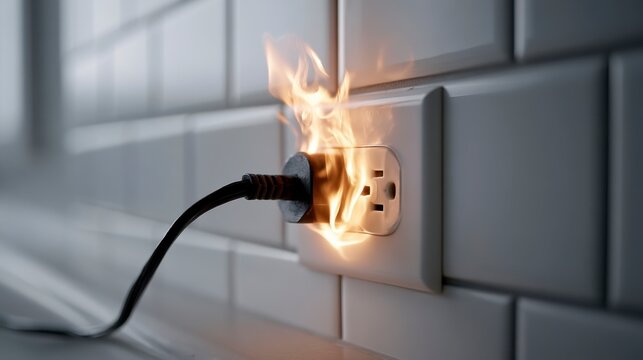 A plug connected to a wall outlet is on fire, with visible flames and smoke, indicating an electrical hazard or malfunction.