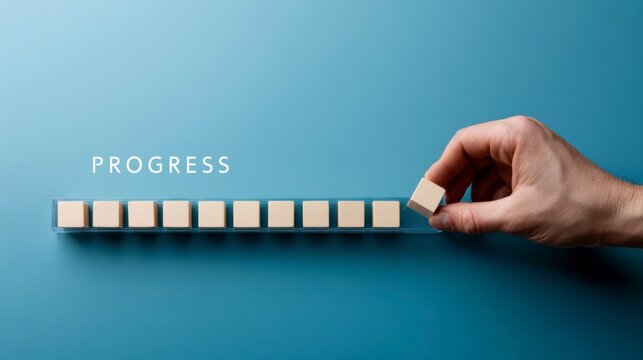 A hand arranges wooden blocks in a row under the word "PROGRESS," symbolizing growth, development, and continuous improvement.