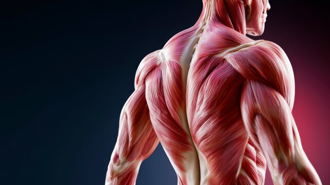 A detailed anatomical illustration showing the muscular system of the upper back and shoulder area of a human body.