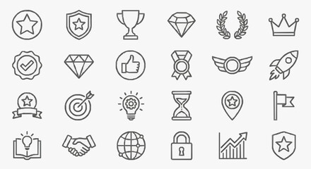 Fototapeta premium Modern Minimalist Line Icons Set Black and White Illustrations of Achievements Awards and Symbols for SEO Optimization