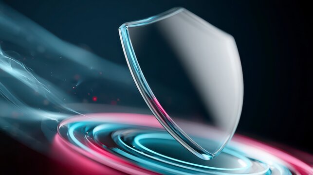 A transparent shield hovers above dynamic neon rings, symbolizing digital protection and cybersecurity in a futuristic, high-tech environment.