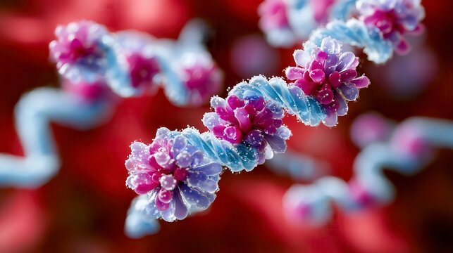 Close-up of delicate purple and pink flowers intertwined with blue and white twisted stems against a vibrant red background.
