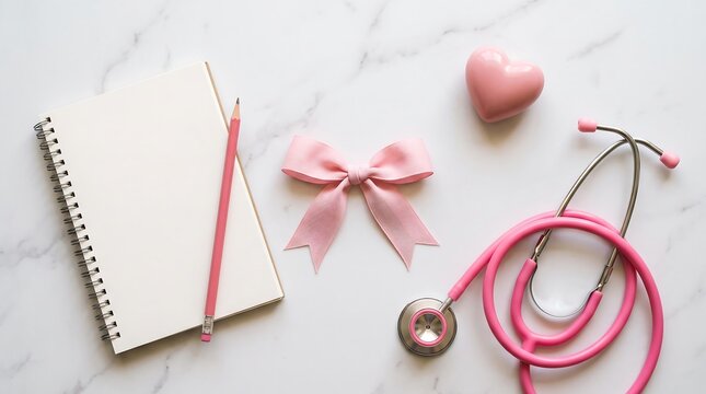 Pink awareness ribbon with stethoscope and notepad on marble background for healthcare support