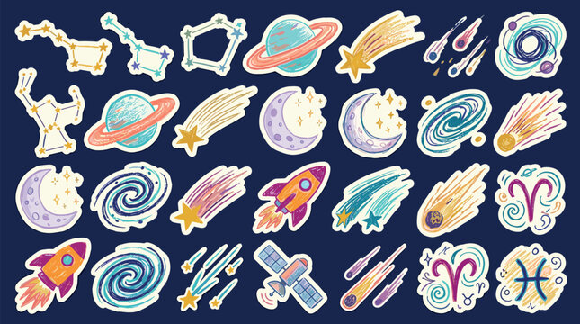 Set of cute space stickers with planets, stars, comets, constellations, rockets, and zodiac signs on a dark blue background