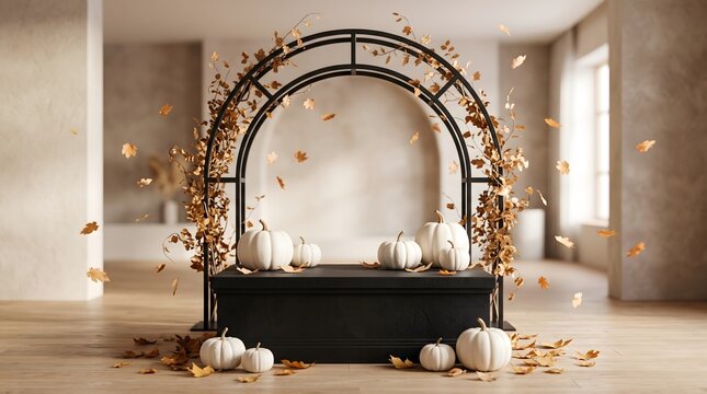 Autumn harvest installation with white decorative pumpkins and dried golden branches inside large ornate arched framework on rustic wooden floor scene.