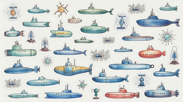 Illustration of various submarines and sea objects floating on water surface