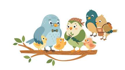 Fototapeta premium Family of cute cartoon birds sitting on a tree branch, happy and colorful