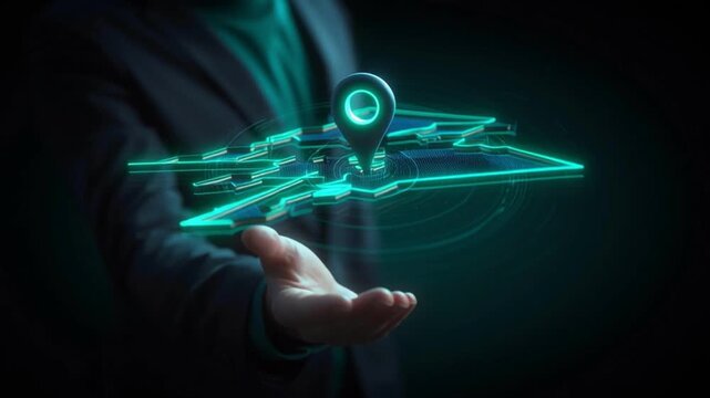 Glowing digital navigation map interface with hand holding location pin and dark futuristic network background, slow zoom technology scene