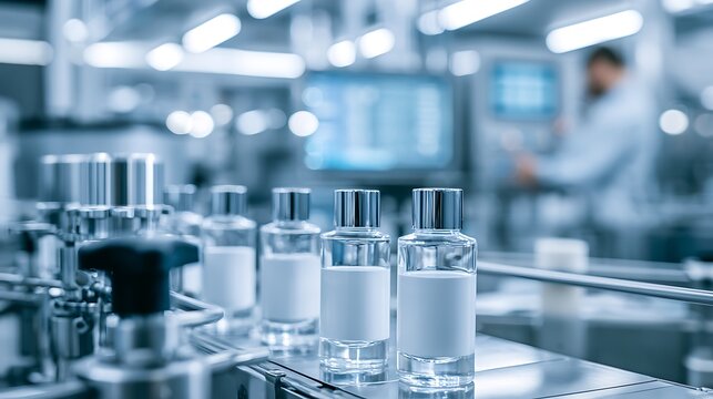 Glass perfume bottles moving on a factory conveyor belt. Industrial manufacturing process for luxury cosmetic products.