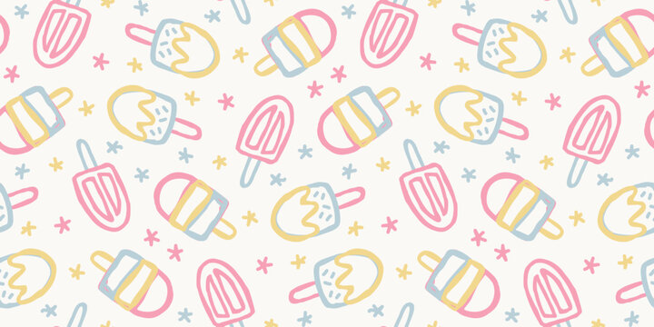 Seamless background pattern with dense hand drawn cute pastel popsicle ice cream and stars
