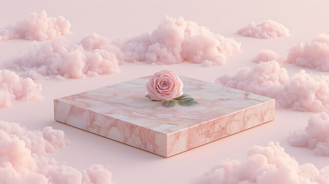 A pink marble pedestal with a single rose surrounded by fluffy clouds. Ideal for elegant luxury cosmetic product.