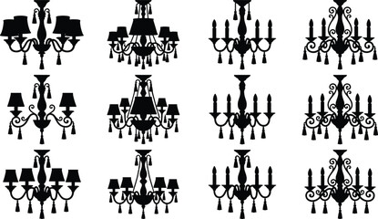 Naklejka premium Vintage Chandelier Silhouette Vector Icon Set with Elegant Classical Luxury Ceiling Lamp Designs for Interior Decor and Greeting Cards