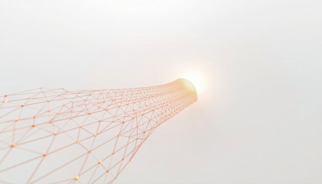 Glowing network mesh converging into bright light point with connection abstract technology convergence internet communication structure particle information background electronic geometry