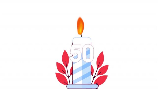 50th Anniversary Celebration with Candle and Twig. Anniversary Date Animation, Alpha Channel. Cartoon