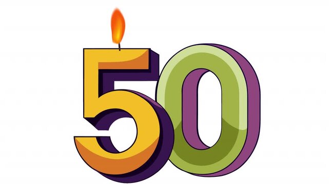 50th Anniversary Celebration with Candle. Anniversary Date Animation, Alpha Channel. Cartoon