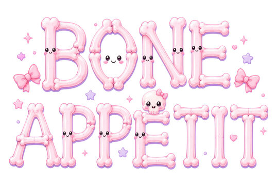 Bone Appetit Pink Kawaii Skeleton Lettering Creates a Cute Halloween Food Pun
