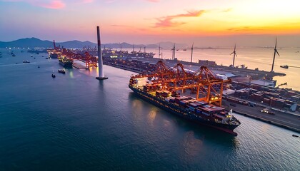 Obraz premium Industrial cargo shipping port at sunset.