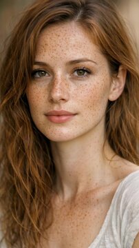Young woman with freckles gazes softly at camera. Soft light highlights her wavy auburn hair. Her gentle expression conveys calm and warmth. Skin texture and natural makeup are subtly detailed