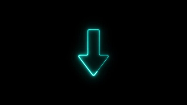 Glowing neon line swipe down arrow icon. download icon. down arrows icon. Download arrow animation. Bouncing down icon on a dark background