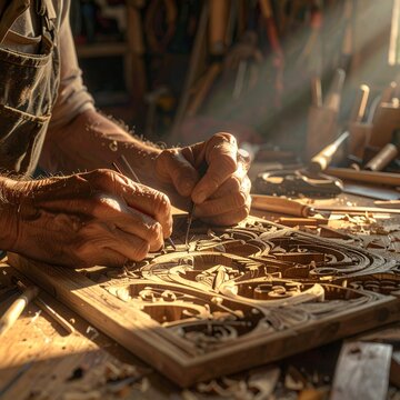 Skilled Artisan Carving Intricate Wooden Artistry with Precision Tools.