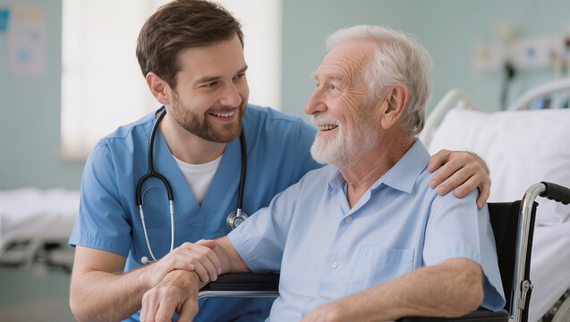 Caring nurse with elderly patient in wheelchair, hospital setting
