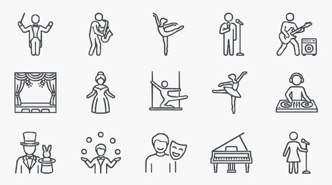 Corporate Line Icons Set of Black and White Illustrations Featuring Various Performers and Entertainment Scenes