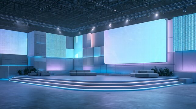Modern virtual studio stage with glowing blue LED screens. Perfect for corporate event backgrounds or digital.