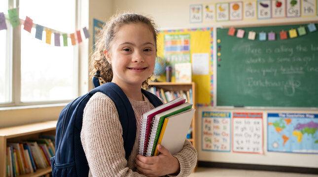 Schoolgirl with Down syndrome, with stack of colorful spiral notebooks in hands, smiling and looking directly at viewer, in a vibrant primary school classroom, inclusive education photography