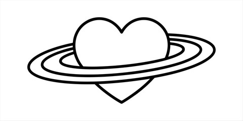 Black outline drawing of a heart shape with planet rings like saturn symbolizing love in space for romantic designs and creative valentines day projects © Pabon Art Gallery