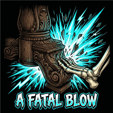 Funny exaggerated vector illustration of a skeleton foot stubbing its toe on an ornate wooden table leg causing a massive lightning explosion with the quote A Fatal Blow, ideal for relatable meme appa