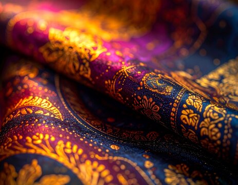 Luxurious Intricate Silk Fabric with Ornate Gold Patterns and Deep Rich Color Palette for Elegant Interior Design