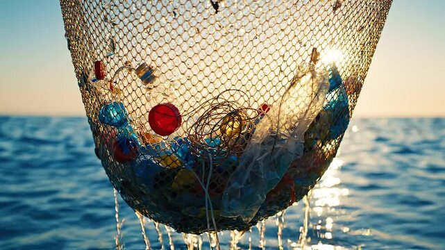 Fishing Net Lifting Plastic Waste From Ocean Water
