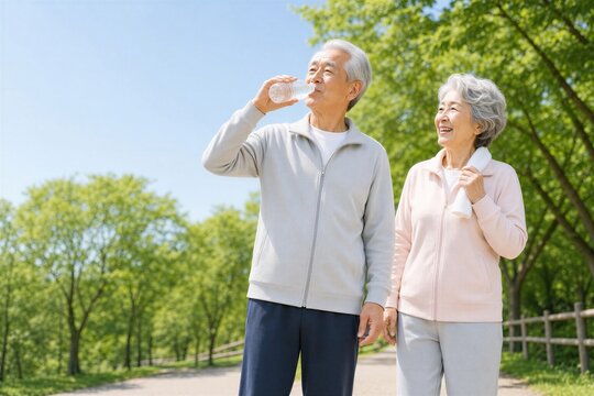 公園で水分補給をする日本人シニア男性と見守る高齢女性