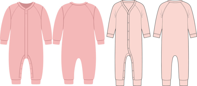 Baby romper sleepsuit collection technical fashion sketch vector illustration showcasing front and back view pink infant templates