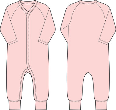Baby romper sleepsuit technical fashion sketch vector illustration showcasing front and back view pink design template