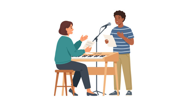 Professional female vocal coach teaching singing lesson to student at keyboard flat vector illustration