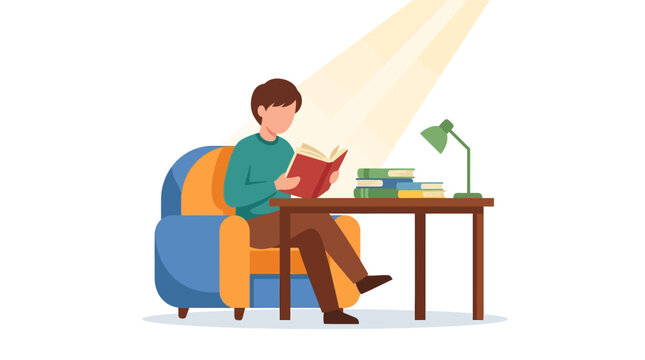 Young man sitting in a cozy armchair reading a book at a study desk flat design vector illustration.