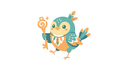 Obraz premium Cute Cartoon Bird Holding Magical Key with Sparkles