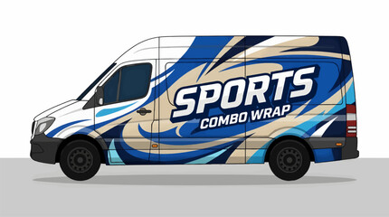 Modern White Cargo Van with Bold Royal Blue and Beige Sports Graphic Wrap, Flat Vector Illustration, Side View on Gray Surface © Zidan