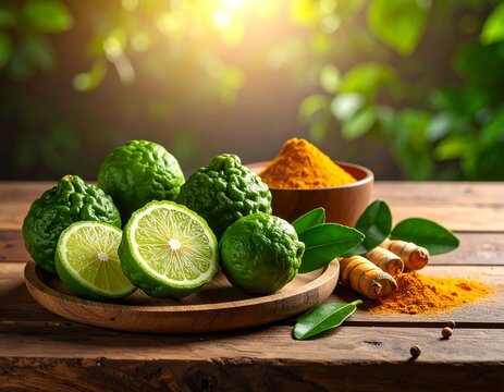 Fresh green kaffir limes, cut halves, and glossy leaves arranged on a wooden plate alongside vibrant ground turmeric powder in a small wooden bowl.