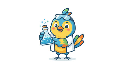 Fototapeta premium Cute Cartoon Bird Scientist Holding Flask with Bubbles - Science, Education
