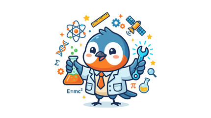 Fototapeta premium Cute cartoon bird scientist with lab equipment and science symbols
