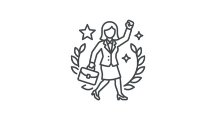 Obraz premium Clean Black and White Line Drawing of Triumphant Female Professional with Briefcase Stars and Laurel Wreath