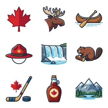 Canadian cultural and national symbols icon set featuring maple leaf, moose head, canoe, mountie hat, waterfall, beaver with log, ice hockey equipment, maple syrup, and mountain lake scenery.