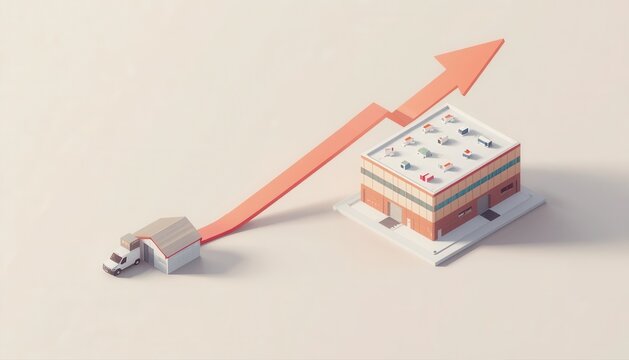Isometric concept of business growth and rising sales represented by an upward trending arrow connected to a commercial building with isometric business performance increase trending development