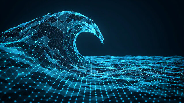 Abstract digital ocean wave made of glowing particles and wireframe mesh