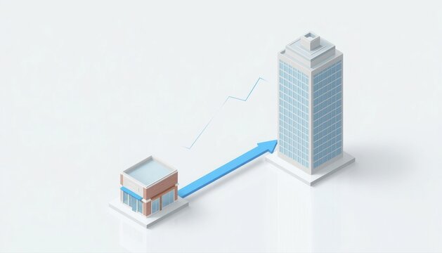 Isometric representation of business growth connecting small store to tall office skyscraper with blue arrow business development skyscraper building architecture isometric progress strategy