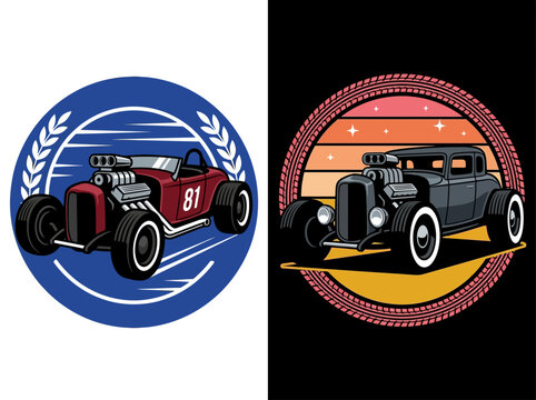 Retro Hot Rod Car Vector Illustrations, Vintage Custom Muscle Car Emblems with Exposed Engines